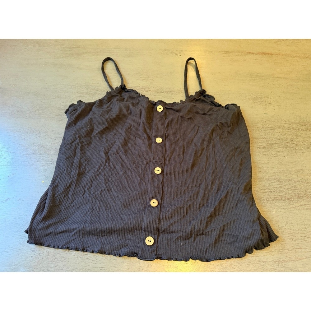 No Boundaries Ribbed Cami Top XL Black Button Front Lettuce Trim Spaghetti Strap